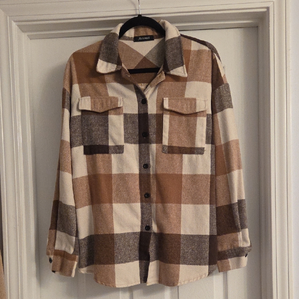 Women's Plaid Utility Jacket - Brown and Cream